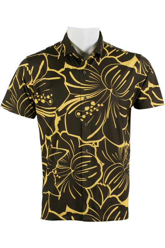 Big Hibiscus-Black Brown and Mustard Button Down
