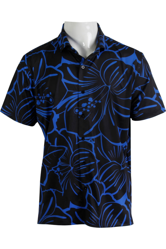 Big Hibiscus-Black and Royal Blue Button Down