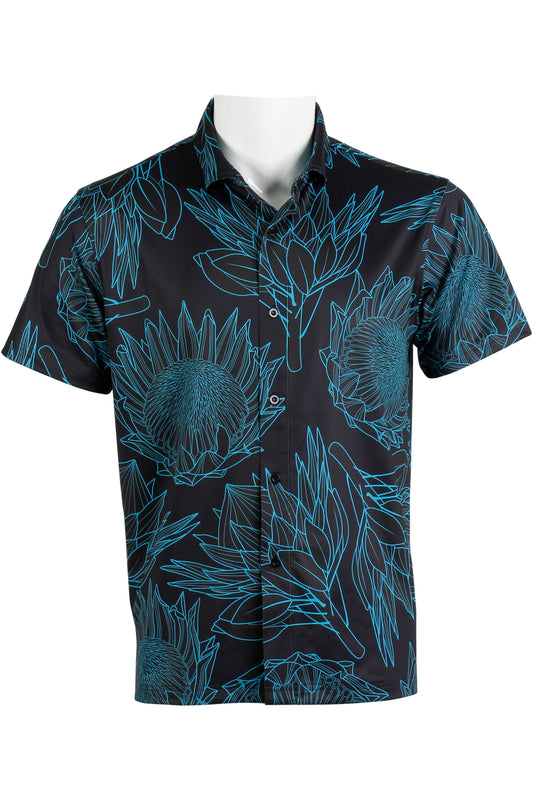 Protea-Black and Turquoise Button Down