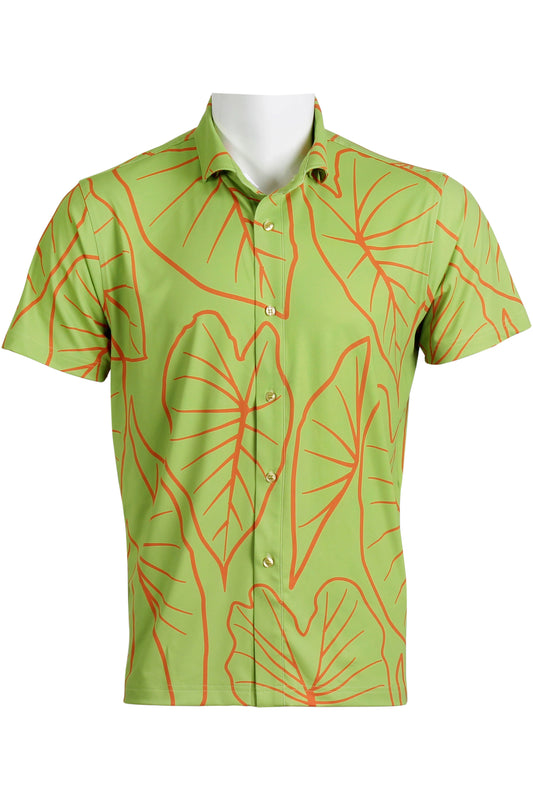 Kalo Leaves-Chartreuse and Coral Button Down