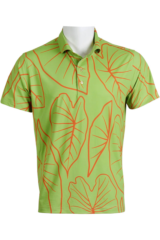 Kalo Leaves-Chartreuse and Coral Polo