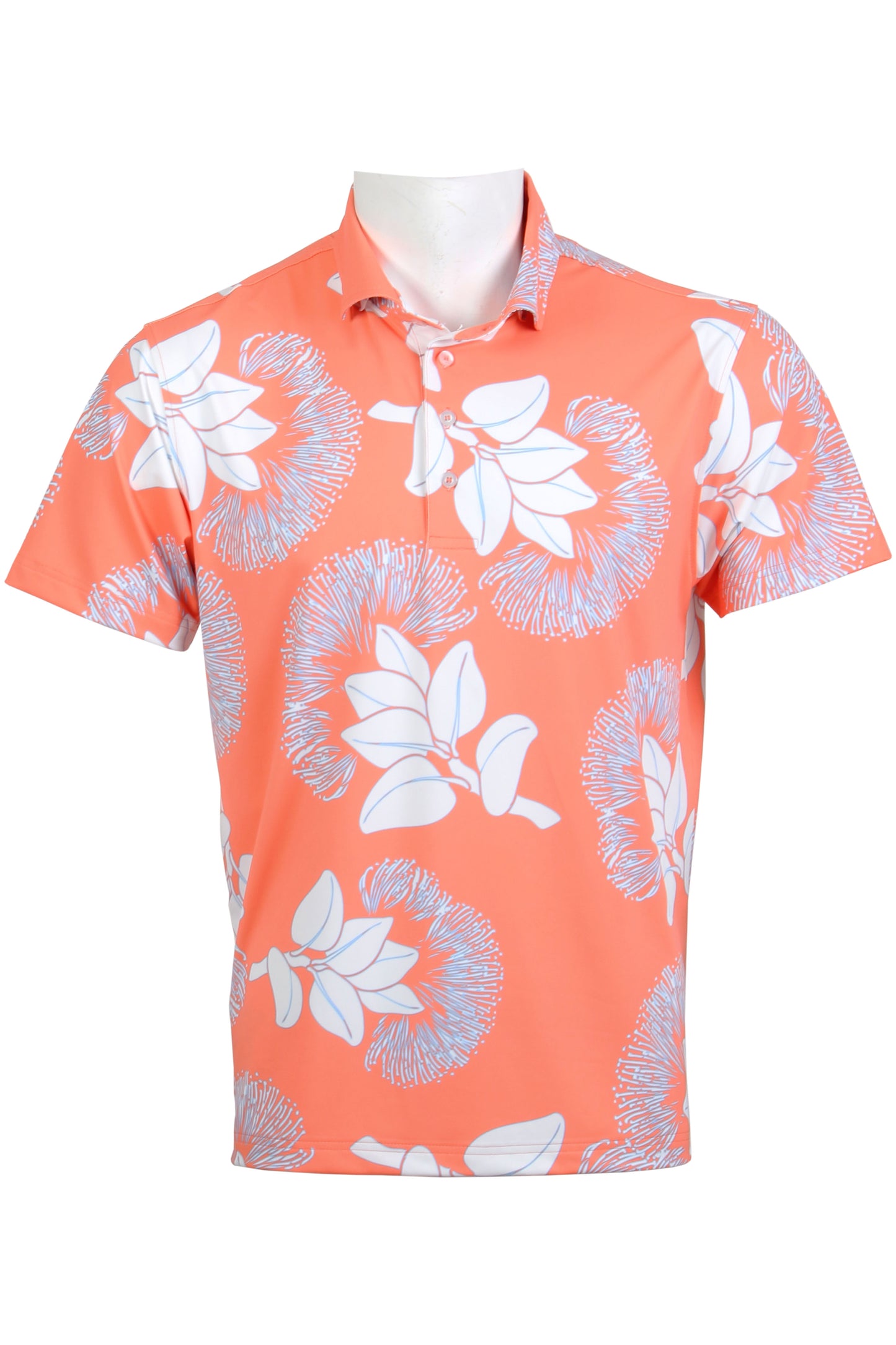 Coral, White, Light Blue 'Ohi'a Lehua Polo