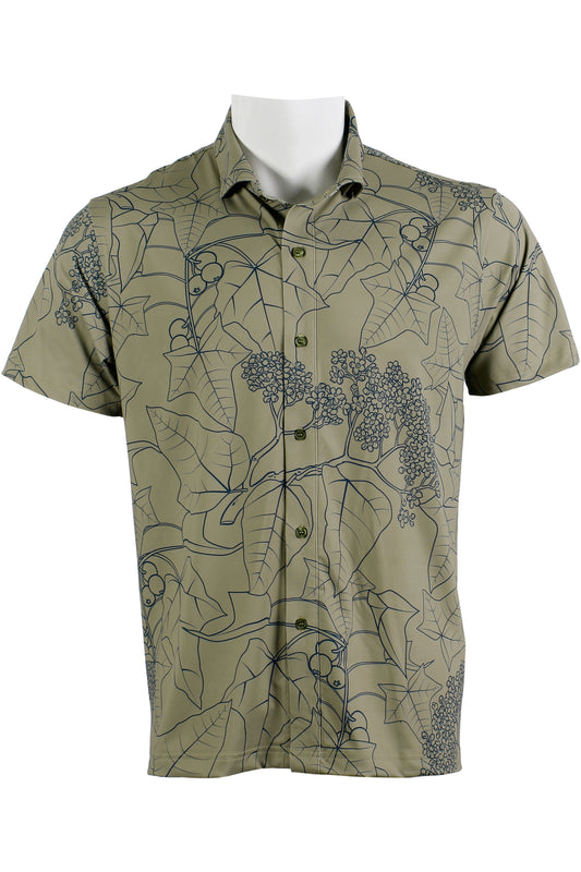 Kukui Tree-Tan Olive and Blue Button Down