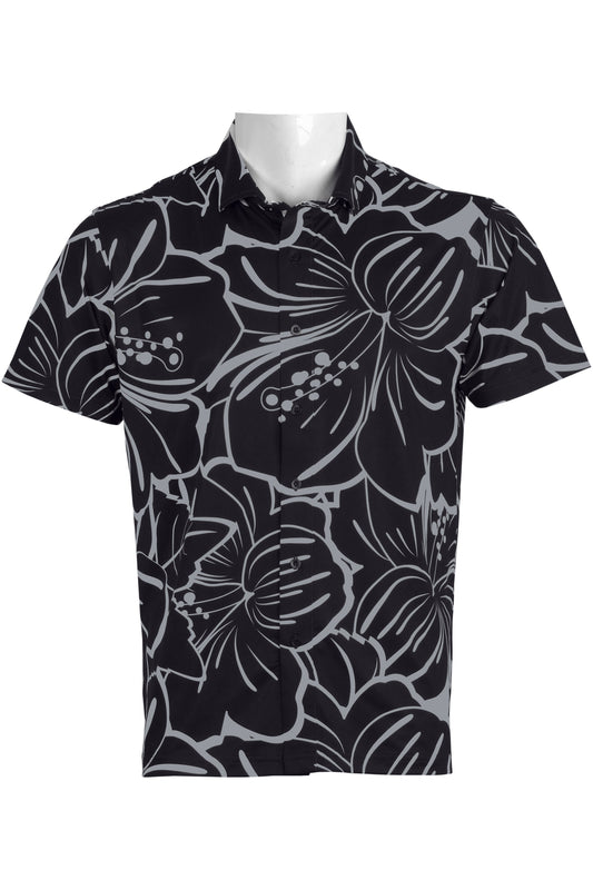 Big Hibiscus-Black and Gray Button Down