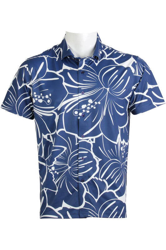 Big Hibiscus-Navy and White Button Down