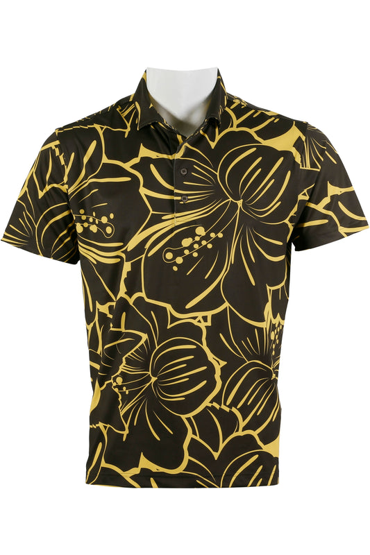 Big Hibiscus-Black Brown and Mustard Polo