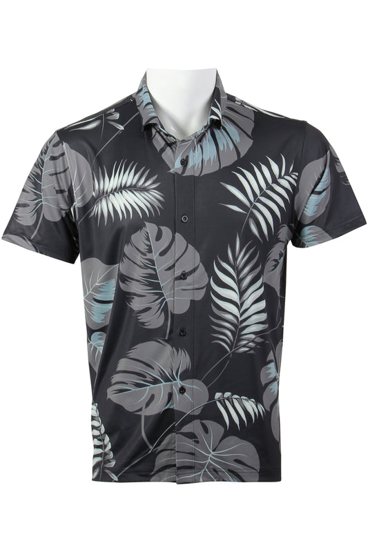 Black, Gray, Blue Tropical Jungle Button Down