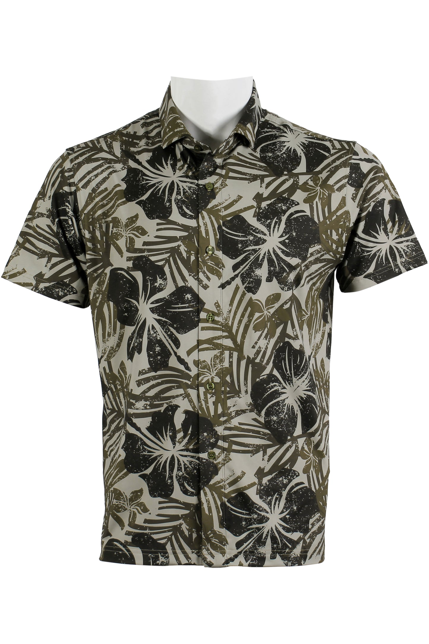 Distressed Hibiscus-Olive Brown Button Down