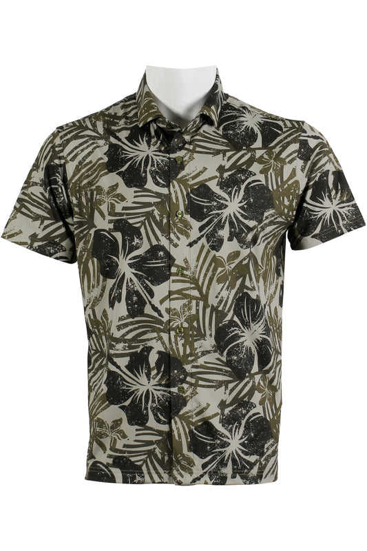 Distressed Hibiscus-Olive Brown Button Down