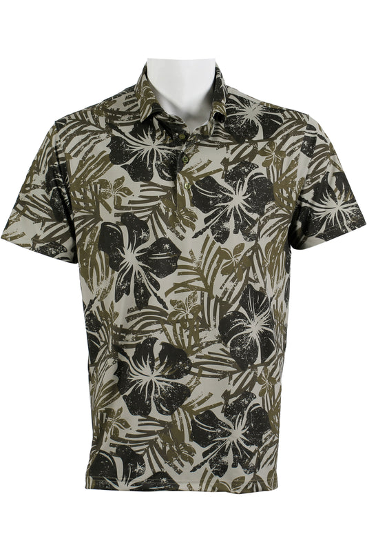 Distressed Hibiscus-Olive Brown Polo