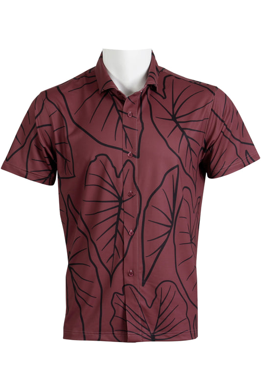 Kalo Leaves-Dark Red and Black Button Down