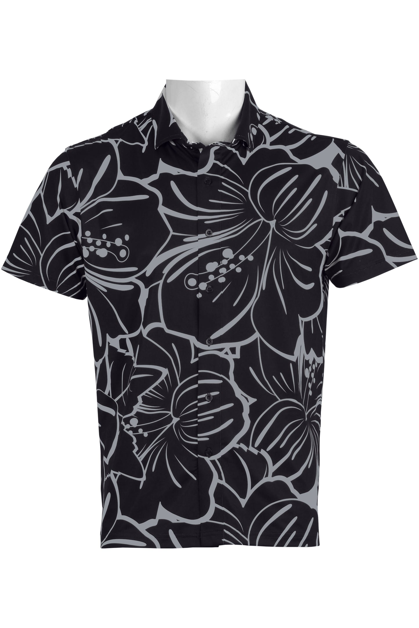 Big Hibiscus-Black and Gray Button Down