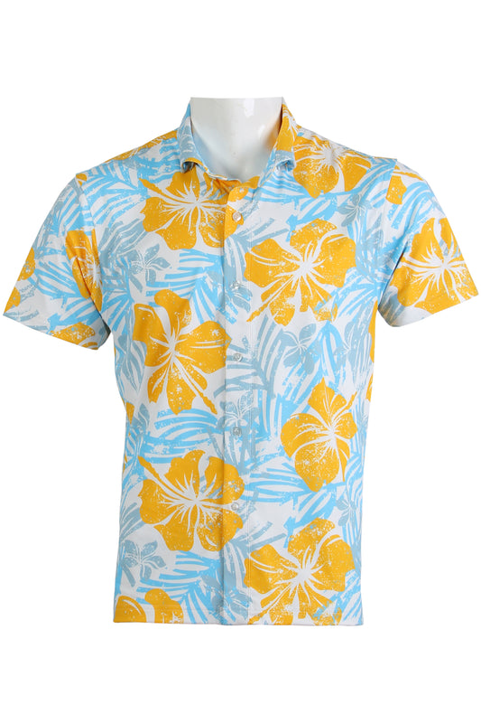 Blue and Gold Distressed Hibiscus Button Down