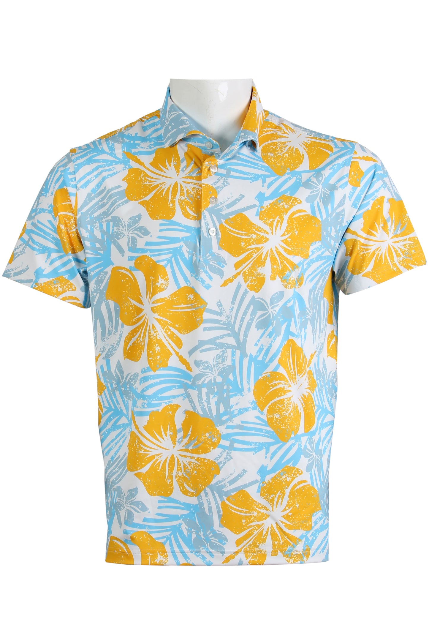 Blue and Gold Distressed Hibiscus Polo