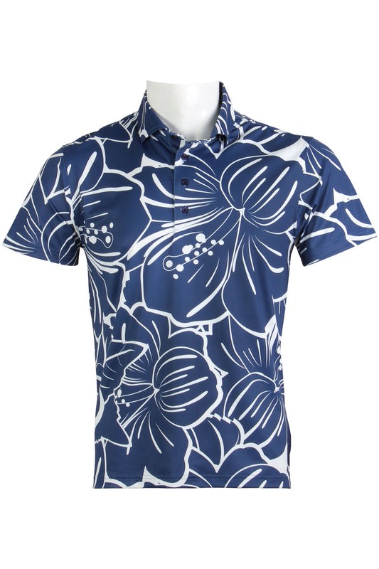 Navy and White Big Hibiscus Polo